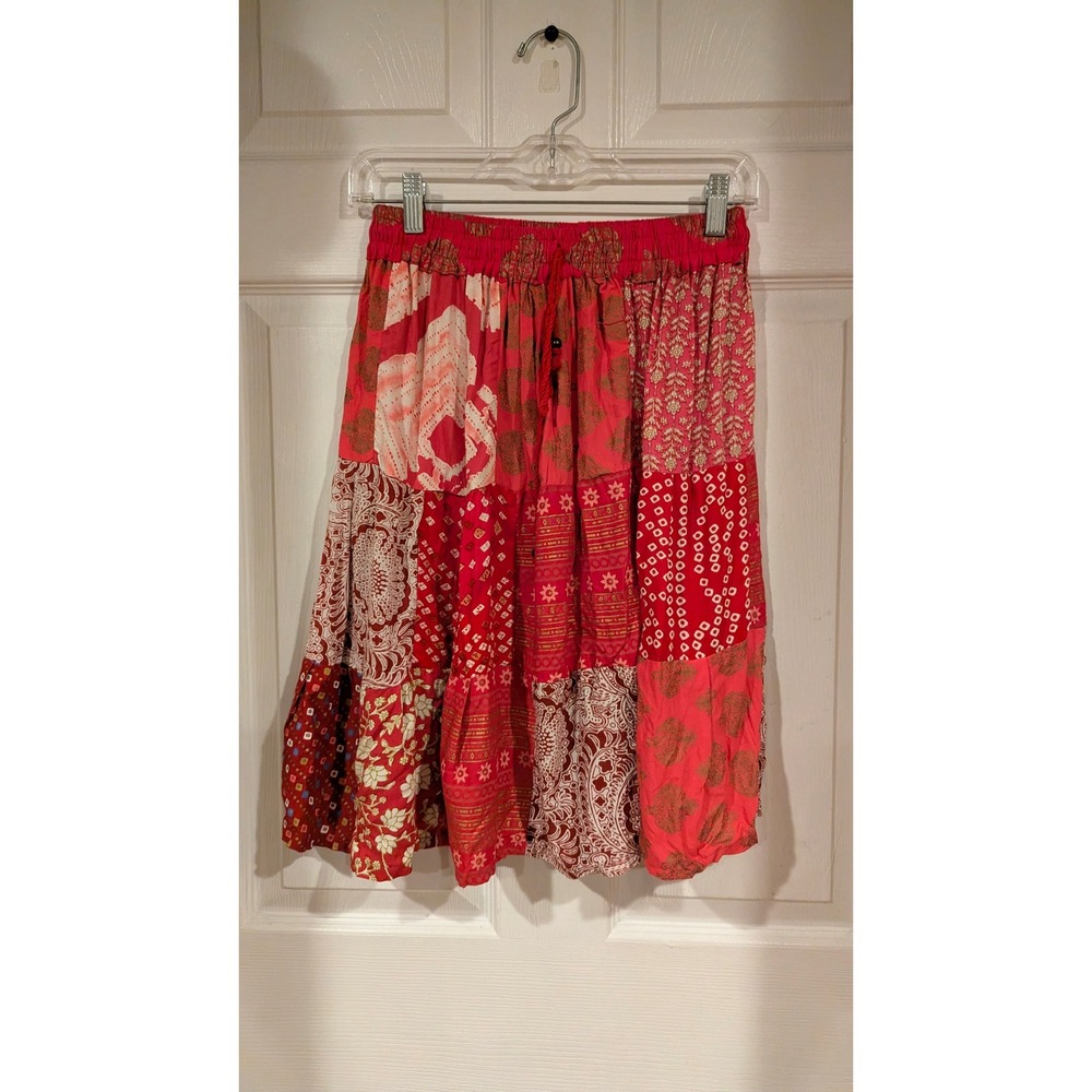 Century XXI Patchwork Skirt 26 Red Boho Tiered Floral Paisley Hippie Festival